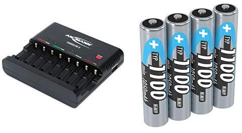 ANSMANN Batterieladegerät Powerline 8 für Akku Batterien + Micro AAA Akku 1,2V Typ 1100mAh - Akku Batterien AAA ideal für Phone & Kamera - Accu AAA vom Testsieger - 4 Stück