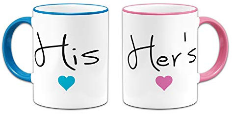Pair of His & Her's Lovely (Heart) Novelty Gift Mugs - Pink & Blue Handle/Rim