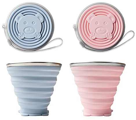 NA 2 bicchieri pieghevoli, in silicone, pieghevoli, senza BPA, pieghevoli, con coperchio in plastica, per picnic, campeggio, escursioni, viaggi, blu