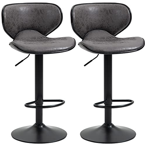 HOMCOM Adjustable Bar Stools Set of 2, Swivel Leathaire Upholstered Barstools with Large Seat, Breakfast Bar Chairs with Back, Footrest and Steel Base, Dark Grey