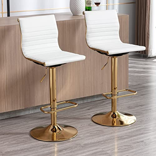 Wahson Juego de 2 Taburetes de Bar Giratorios Sillas de Bar Ajustable Modernas,Taburetes Altos de Cocina de Cuero Artificial con Base Dorada para Hogar/Isla de Cocina,Blanco