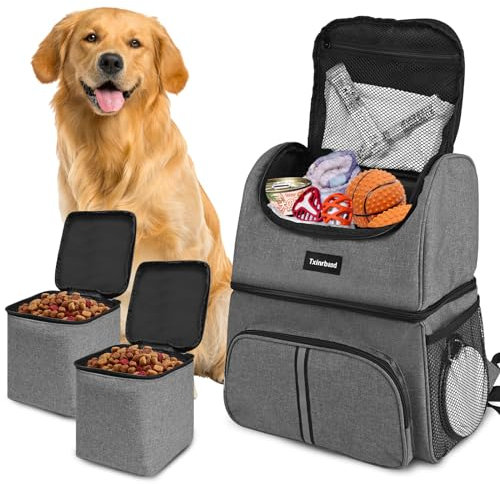 Txinrbaod Dog Bags for Traveling Dog Diaper Bag Airline Approved Dog Food Travel Bag with 2 Food Storage Containers Bag Pet Camping Essentials Hiking Accessories Dog Mom Gift Gray