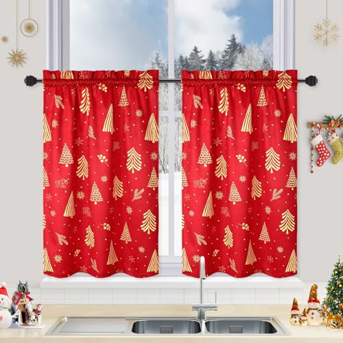 CAROMIO Weihnachten Küchengardinen für Fenster, Samt kurze Vorhänge Weihnachtsdeko Café Vorhänge, wärmeisoliert, Raumverdunkelungsvorhang (Rot, 132 cm B x 76 cm L, 2er Set
