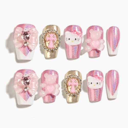 Sun&Beam Nails Handmade Press-on Nails Short Coffin Ballerina Pink White Design False Tips 10Pcs (#112 S)
