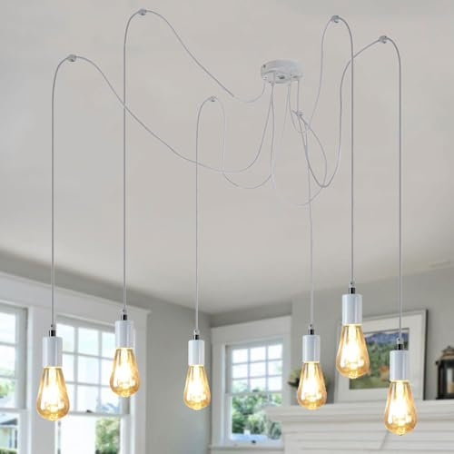 ANMOBANG Industrial Pendant Light Fitting,Multiple Light Spider Pendant Lamp Vintage Chandelier with Adjustable 2M Cable E27 Pendant Light Fitting (White, 6 Way)