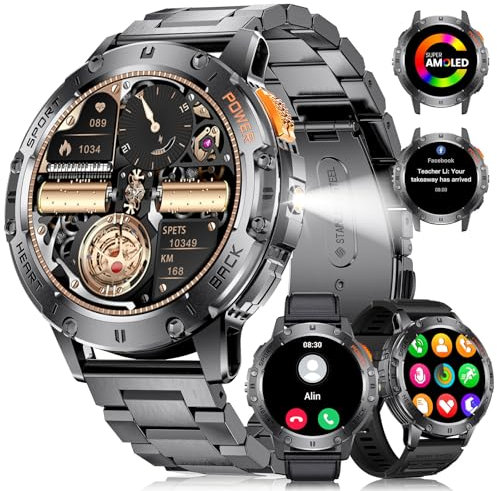 Montre Connectée Homme avec Lampe de Poche LED 1.43″AMOLED Smartwatch Homme Appel Bluetooth pour Android iOS 530 mAh Montre Homme Connectée Acier Noir Fréquence Cardiaque Santé Moniteur,3 Bracelets
