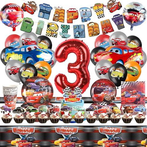 86 Stück Cars Geburtstagsdeko 3 Jahre, Auto Deko Geburtstag Car Luftballon Car Tortendeko Happy Birthday Banner Partygeschirr Pappteller Kindergeburtstag Teller Becher Kindergeburtstag Party Jungen