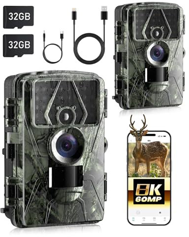 NOXOWL Wildkamera mit Handyübertragung App, 8K 60MP Wildkamera mit Bewegungsmelder nachtsicht,130° Weitwinkel, IP66 wasserdichte Wildtierkamera inkl. 32GB SD-Karte(2er-Pack)