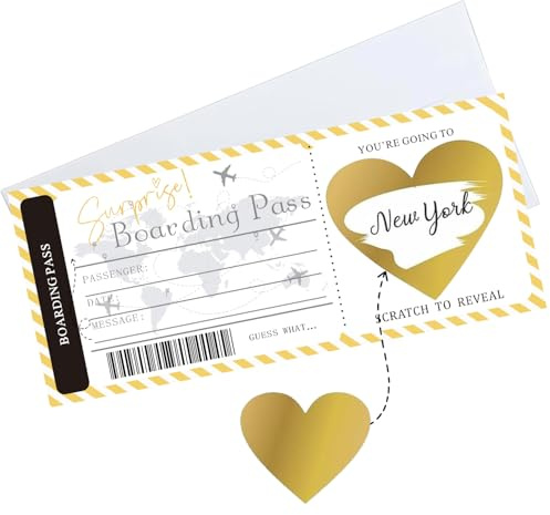 Rubbelkarte Reveal Überraschung Personalisierte Boarding Pass Rubbelkarte mit Umschlag und Herz Rubbelkarte Aufkleber Where We Are Going on Urlaub Reise Flugticket Boarding Pass Surprise Trip(Gold)