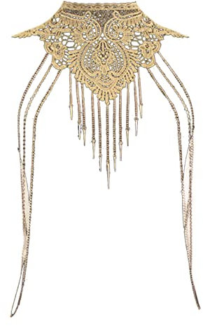 JOERBABU Chaîne de corps dorée avec longs glands - Décoration de fête, boîte de nuit - Bijou brillant pour femme, Bust 84cm Extension chain 15cm, Dentelle + chaîne