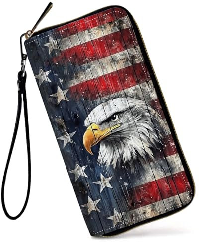 GFRGTFHYT Damen-Geldbörse, großes Fassungsvermögen, RFID-blockierend, PU-Leder, Handgelenk-Geldbörsen für Damen, USA-Flagge, Adler, Women Wallet, USA-Flagge, Adler