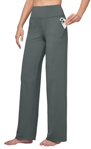 WILLIT Yogahose Damen Weite Bein Hose Stretch Sporthose Jogginghose High Waist Bauchkontrolle Freizeithose Arbeit lässige Hose mit Taschen 30“ Grün M