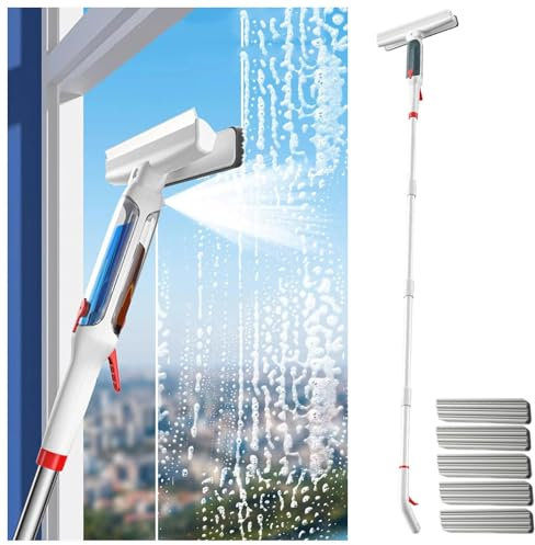 HJXBD888 RYJYQYX 4 en 1 Spray Limpiacristales con Mango Extensible(190cm), Limpiacristales Profesional con Colector De Aguas Residuales Y 5 Paños para Baños,Ventanas,Espejos