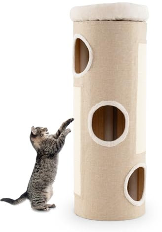 SOARS Kratztonne, Katzentonne mit 3 Katzenhöhlen, 2 Sisal Kratzbretter, abnehmbarem Plüschbett, Kratzbaum Katzenturm Spieltonne für Katzen, Höhe 113 cm