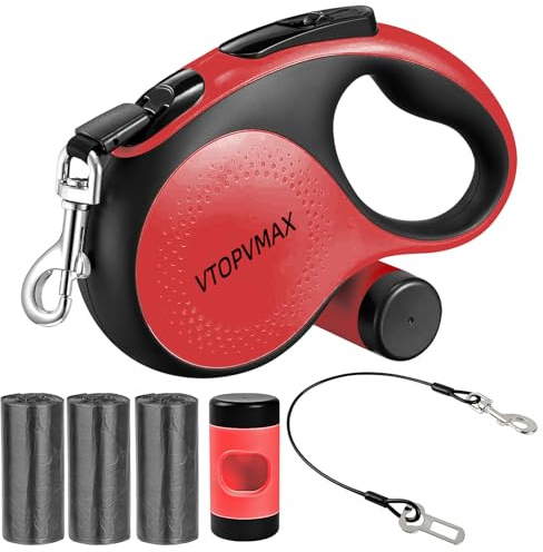 Retractable Dog Lead 8m/26FT for Medium/Large Dogs up to 50kg/110lbs - Heavy Duty Extendable Dog Lead with Chew-Proof Cable, LED Light, Poop Bag Dispenser, One-Hand Brake (Red)