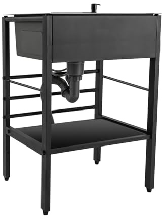 Evier Inox,Plonge Inox avec étagère De Rangement Évier De Jardin Portable pour Garage, Restaurant, Blanchisserie, Cuisine, Salle de Bain(Noir sans robinet - 55×45×86cm)