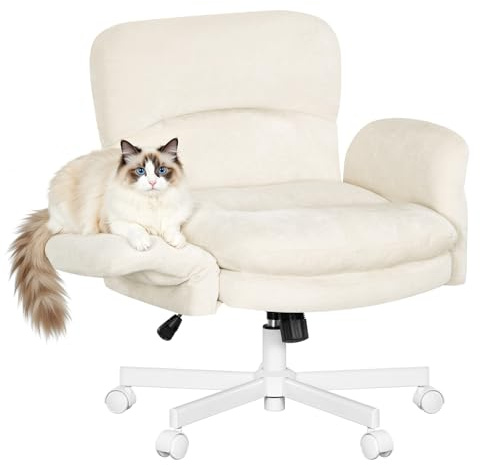 WOLTU Schreibtischstuhl, Schneidersitz Stuhl, Chenille-Drehstuhl, Beige | 5-stufig Klappbare Armlehnen, Homeoffice Stuhl mit Sitzkissen & Seitentaschen, für Wohnzimmer Arbeitszimmer