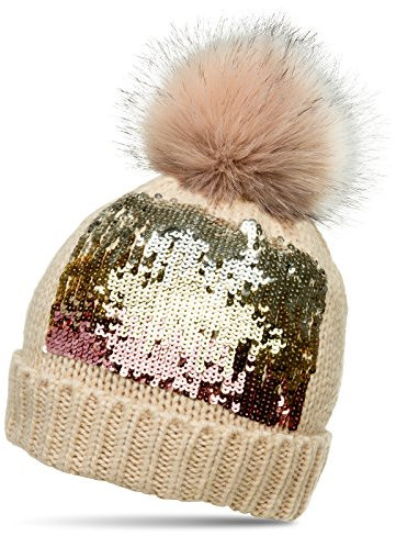 Caspar MU169 Damen Strick Winter Mütze mit Pailletten Dekor und großem Kunstfellbommel, Farbe:beige, Größe:One Size