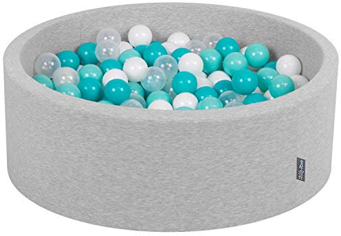 KiddyMoon Bällebad 90X30cm/200 Bälle ∅ 7Cm Bällepool Mit Bunten Bällen Für Babys Kinder Rund, Hellgrau:Helltürkis/Weiß/Transparent/Türkis