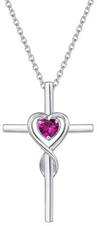 Damen Halskette mit Unendlichkeit Symbol Kreuz Anhänger Kette Infinity aus 925 Sterling Silber mit Synthetischer Rubin Edelstein Herz Form Juli Geburtsstein - Verstellbar Kettenlänge: 40 + 5 cm