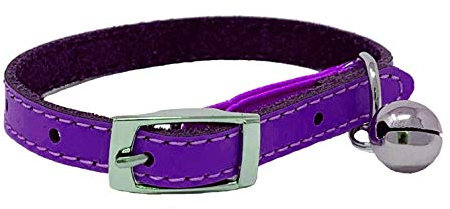 Cat Collar Real Leather with Safety Elastic, Bell, Available (Purple)