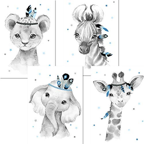 LALELU-Prints Bilder Kinderzimmer Poster Babyzimmer Deko Mädchen Jungen Kinderbilder Set Kinderzimmerbilder (Indianer blau 4er Set)
