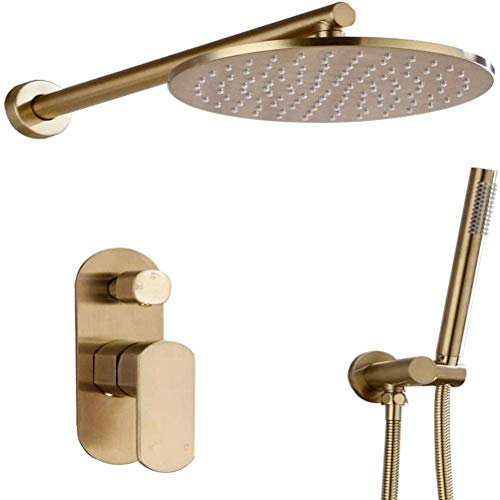 Shower Faucet System Set Brushed Gold Shower Concealed Solid Brass Bathroom Shower Set Rianfall 8-12 Shower Head Shower Faucet Wall Mounted Shower Arm Mixer Water Set,8inch