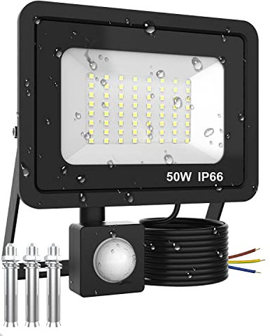 Projecteur LED Détecteur de Mouvement 50W, 5000LM Spot Extérieur, Étanche IP66 , 6000K Blanc Froid Projecteur Pour Cour, Patio - Black