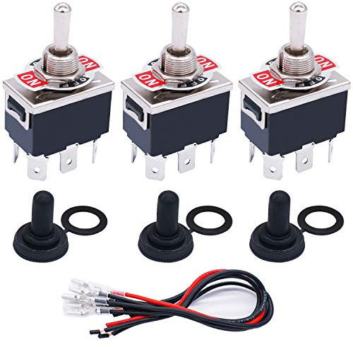 Taiss 3 pièces Interrupteur à bascule 3 positions DPDT Interrupteur à Levier 6 bornes ON/OFF/ON avec capuchon étanche câbles 16A 250V AC,Pour voitures,bateaux TEN-1322MX-B203