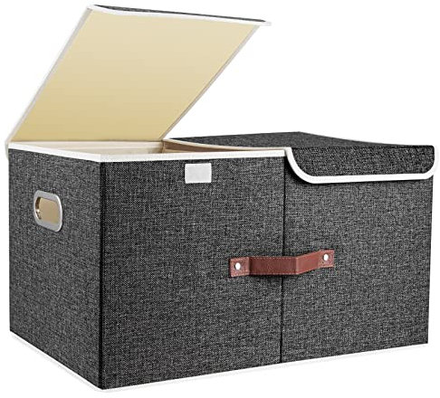 TYEERS Extra Large Storage Box with Lids and Compartments, Collapsible, Washable, Fabric Box with Lid for Clothes, Wardrobe Storage, 55x33x30 cm, Set of 1, Black