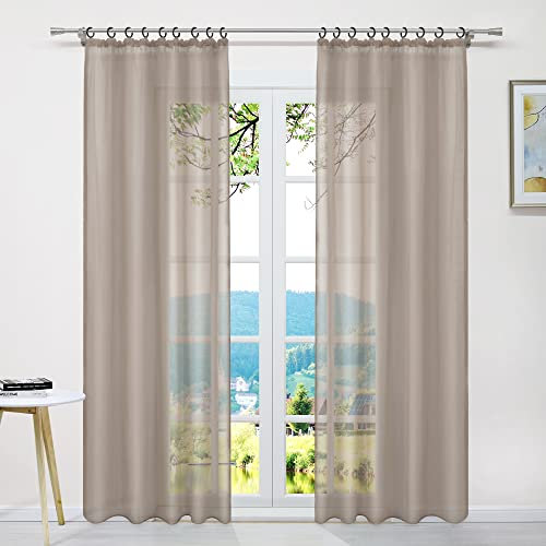 ESLIR Gardinen mit Kräuselband Vorhänge Fensterschal Transparent Schlaufenschal Voile Schal Uni Braun BxH 145x245cm 1 Stück
