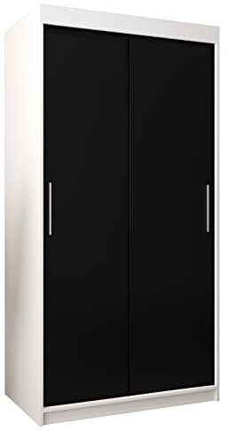 MEBLE KRYSPOL Tokyo 100 Schlafzimmerschrank mit Zwei Schiebetüren – moderner Aufbewahrungsschrank mit Kleiderstange und Regalen – 100x200x62cm - Mattweiß + Mattschwarz