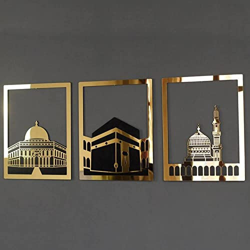 JMYSD Metall-Wandkunst-Dekor, Set mit 3 islamischen Wandbildern, Heimdekoration, goldene Wandbehang-Dekoration, goldene Metall-Kunst-Wandskulptur für drinnen und draußen, Wohnzimmer, Garten
