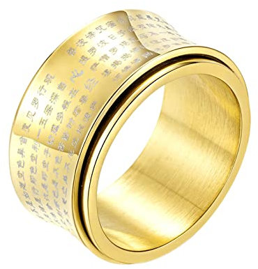 KnBoB 12MM Männer Ringe, Gold Buddha Sutra Spinner Ring Edelstahl Herren Größe 62 (19.7)