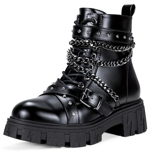 Jeossy Women's Black Combat Boots, Platform Motorcycle Boots with Chain Studded, Lace up Ankle Booties with Side Zipper, 9621 Size 8.5 (DJY9621 Black 08.5)