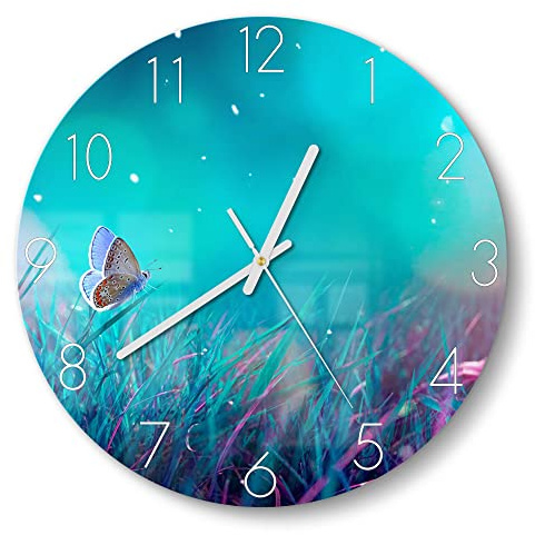 DEQORI Glasuhr | rund Ø 30 cm | Motiv Märchenhafte Wiese | ausgefallene leise Design Uhr aus Glas | Wanduhr für Wohnzimmer & Küche | moderne Hingucker Uhr für die Wand