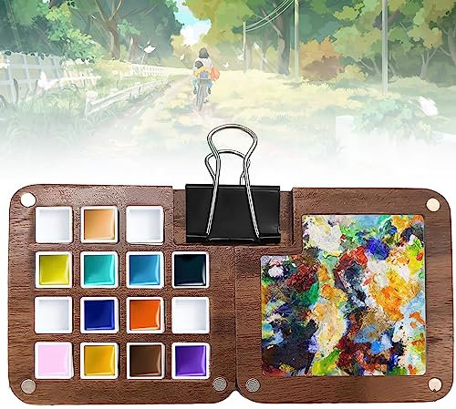 Nizirioo Skizzenbuch Palette aus Holz: Mini Reise 15 Raster, Wassermalkasten Aquarellkasten Leer, Faltbar Deckel und Mischpalette, für Aquarellmalerei, Acrylmalerei