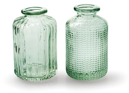 Vintage Short Glass Light Green Bottle - Textured or Ribbed Stem Vase, Jazz 2 Designs 6x10cm Green Glass Bottle - Stem Bud Flower Display (Ribbed)