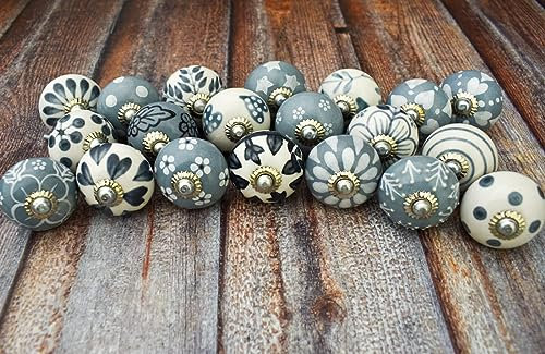 ARTISNO Ceramic Knobs Grey and White Set of 20 for Kitchen Cabinets Bathroom Cupboards Dresser Drawers Chest Handmade Knobs and Pulls (20, Grey)