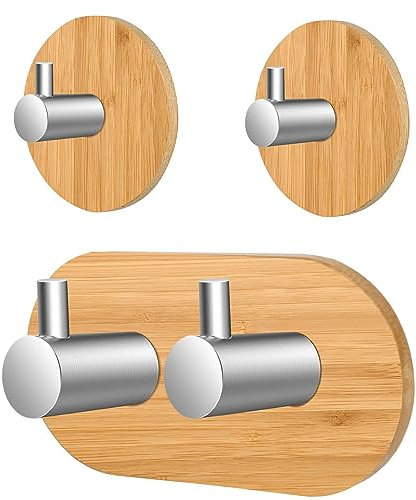 Ganci Autoadesivi in Legno, 3 Pezzi Ganci per Asciugamani, Gancio da Parete in Bambù per Soggiorno Cucina Bagno Camera da Letto