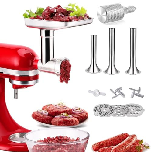 FavorKit Stainless Steel Food Grinder Attachment for KitchenAid Mixers, Dishwasher Safe, Included 3 Sausage Stuffer Tubes and 1 Metal Knob Screw Accessory
