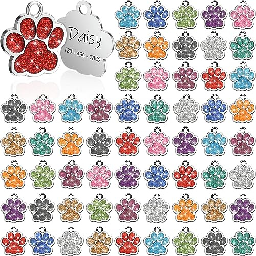 Abbylike Personalisierte Hundemarken, blanko, glitzernde Pfoten, für niedliche Metall-Katzennamen, kleine DIY-Gravur, Welpenname (Silber), 60 Stück
