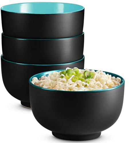 KooK Lot de 4 bols à ramen japonais - Grand bol à soupe en céramique - Grande capacité - Pour ramen, Pho, Udon, Soba, micro-ondes et lave-vaisselle - 1000 ml - Noir/bleu sarcelle