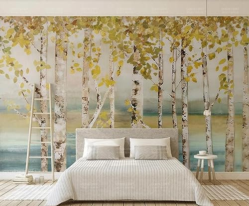 Fototapete Kinderzimmer Deko Tapete Birkenwald-Ölgemälde Tapeten Vliestapete Wanddeko Wohnzimmer Wandbilder 250x175cm-M214308