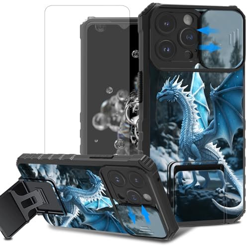 for iPhone 15 Pro Max Case with Stand & Camera Lens Protector Cover for iPhone 15 Pro Max Case with Screen Protector Dual Layer Hybrid Heavy Duty Shockproof for 15 Pro Max Case,Frozen Blue Dragon