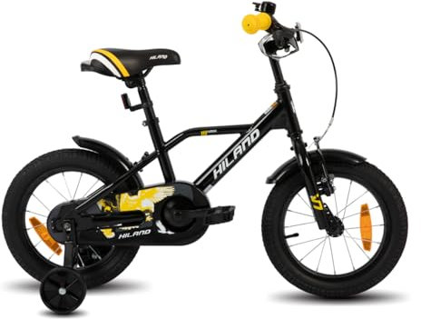 HILAND 16 Zoll Kinderfahrrad für Jungen 3 4 5 6 Jahre mit Stützrädern, Handbremse und Rücktrittbremse Schwarz/Orange