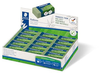 STAEDTLER Radierer, Radiergummi aus bis zu 56% natürlichem- und nachwachsendem Anteil, phthalat- und latexfrei, Schiebemanschette, Größe 43x19x13 mm, 30 olivgrüne Radierer im Kartondisplay, 526 83-5