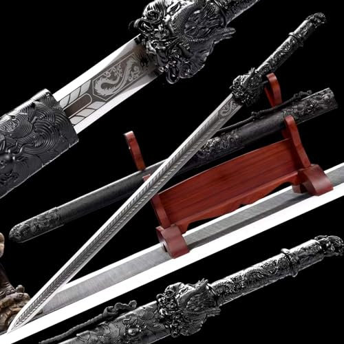 106cm Drachenkönigsschwert Katana,aus Manganstahl geschnitzte,scharfe Schwertklinge,mit Leder umwickelte Scheide aus Massivholz,handgefertigtes echtes Samuraischwert für Geschenke,DekorationCosplay