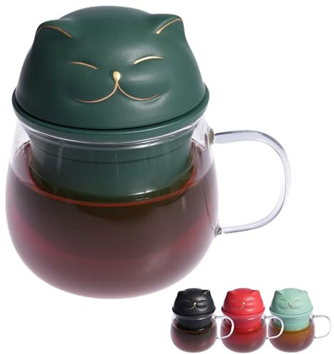 Kicura Glas-Teetasse mit Sieb und Deckel - Katzen-Design - 420ml - Für lose Tee & Kräuter - Geschenkidee für Teeliebhaber - Dunkelgrün