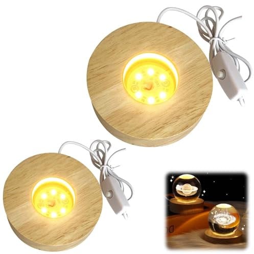 Holz LED Lichtsockel, 2 Stück USB Leuchtsockel für Acrylglas - Warme Farbe Holzsockel Ständer Quadrat/Rund - Leuchten Display Basis für Kristallg Lensball Glas Acryl Schmuck Harz (Rund)